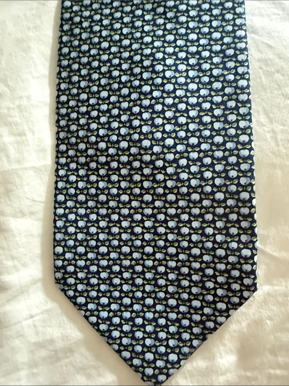 Salvatore Ferragamo Navy Silk Tie with Light Blue Apples Motif